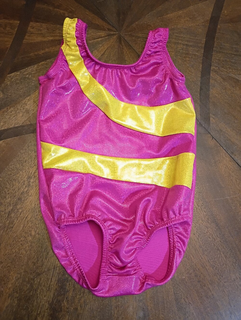 Girls 2T Pink Sparkle Gymnastics Leotard Yellow Metallic Accent Dance Bodysuit